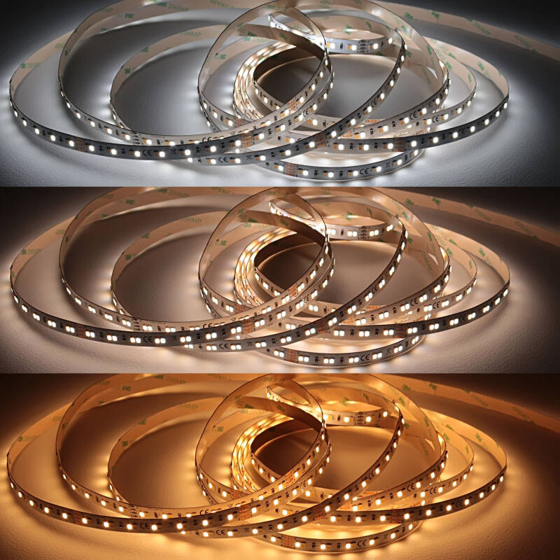 Dual White tunable CCT LED Streifen – 140 × 2835 LEDs – 2 × 10Watt je Meter – 2700 K-6400 K – CRI 90+ 24V DC 120°