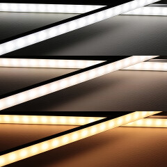 CCT dualweiß Slim-Line LED-Leiste 70 × 2835 LEDs – weiß 1076 lm/m – & 70 × 2835 LEDs – warmweiß 884 lm/m – 21 W – gesamt je Meter – diffus – CRI 90Ra – 120° 24V DC