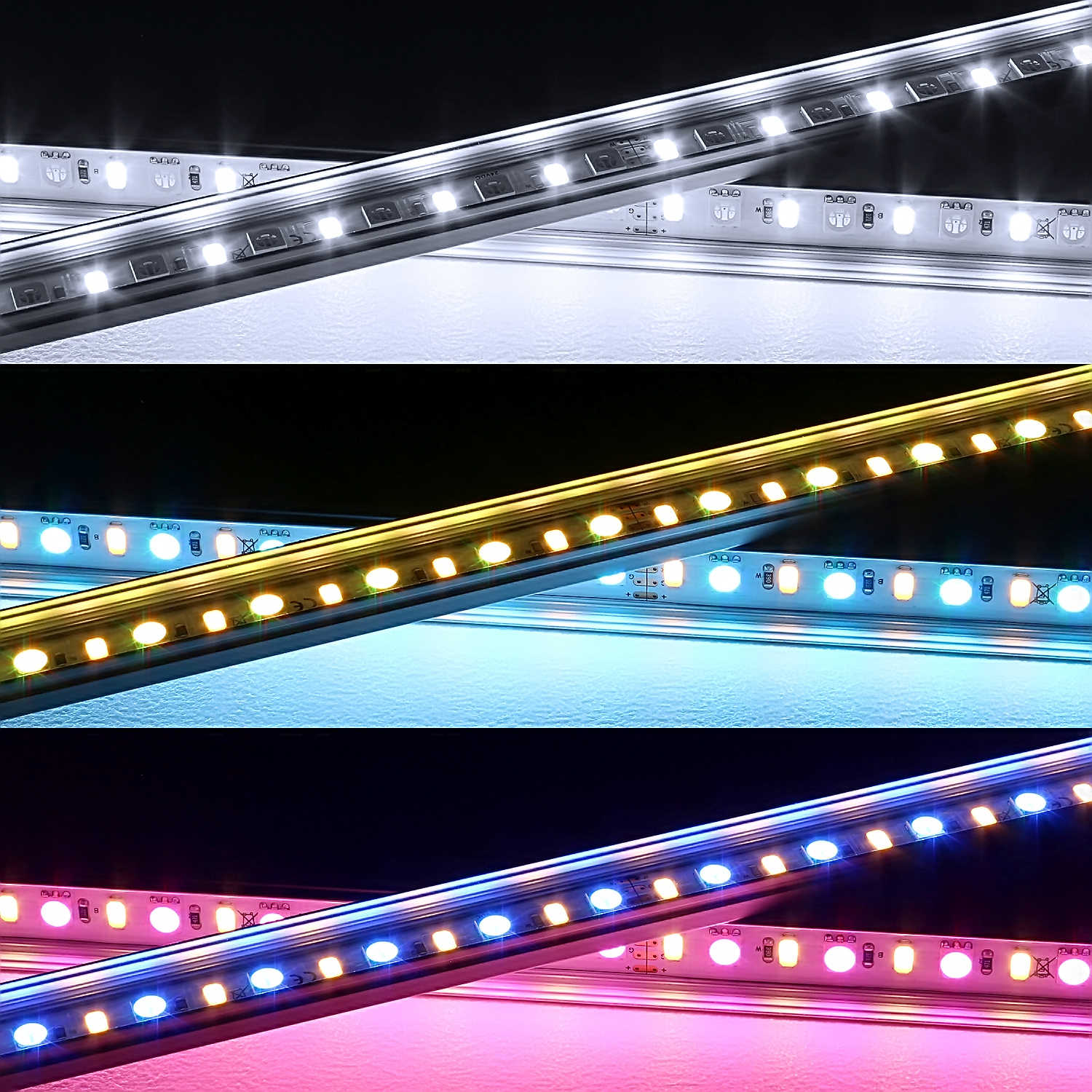 RGBWW LED-Leiste Surface, diffus, 56x Farbwechsel 5050 RGB LEDs & 56x  warmweiße 5630 CRI90+ LEDs je Meter, 120° 24V DC