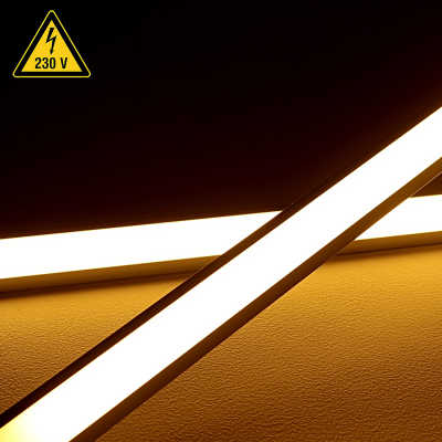 230V AC Eckleiste "strong-EDGE" COB LED wasserdicht (IP54) dimmbar diffus CRI90 | warmweiß 2700K | Maßanfertigung in Länge 113cm | 528x COB LEDs | 1195 Lumen | 14 Watt |