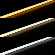 CCT COB LED-Leiste MICRO-LINE Alu dimmbar – Abdeckung weiß diffus – 640 LEDs 16 W je Meter – einstellbare Farbtemperatur 2700 K-6500 K dualweiß – 24V DC 180° CRI 90+