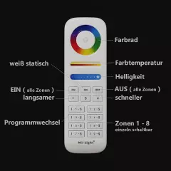8 Zonen Touch-Hand-Fernbedienung | für RGB, RGBW oder RGB&CCT LED-Controller | 2.4GHz MiBoxer