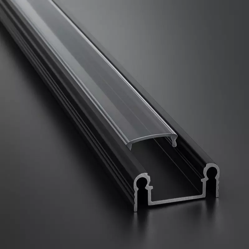 LED Alu Profil NICE, flach, schwarz eloxiert, Cover transparent - für bis zu 14mm breite LED-Streifen